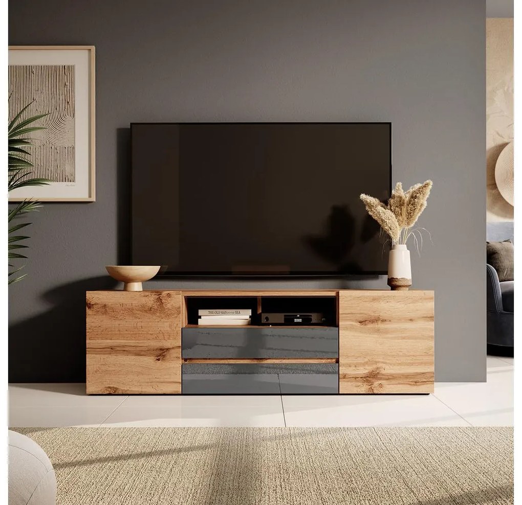 Dulap TV Boss (cu iluminat) (stejar wotan + gri). 1098618