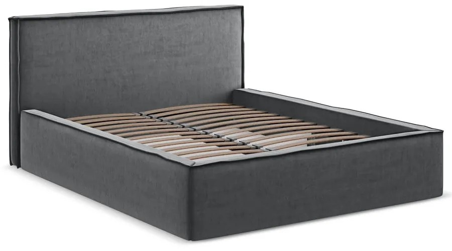 Pat matrimonial gri închis tapițat cu spațiu de depozitare cu somieră 180x200 cm Anani – Makamii