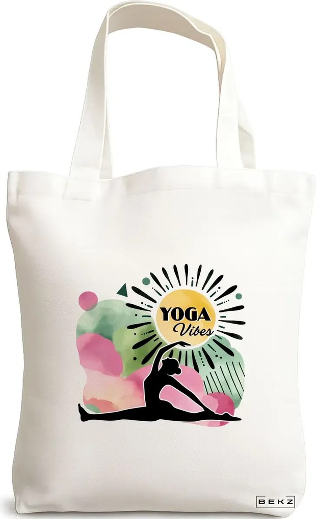 Sacosa de Panza pentru Cumparaturi, Geanta Tote Yoga Vibes, 38x34.5 cm, Alba, BEKZ®