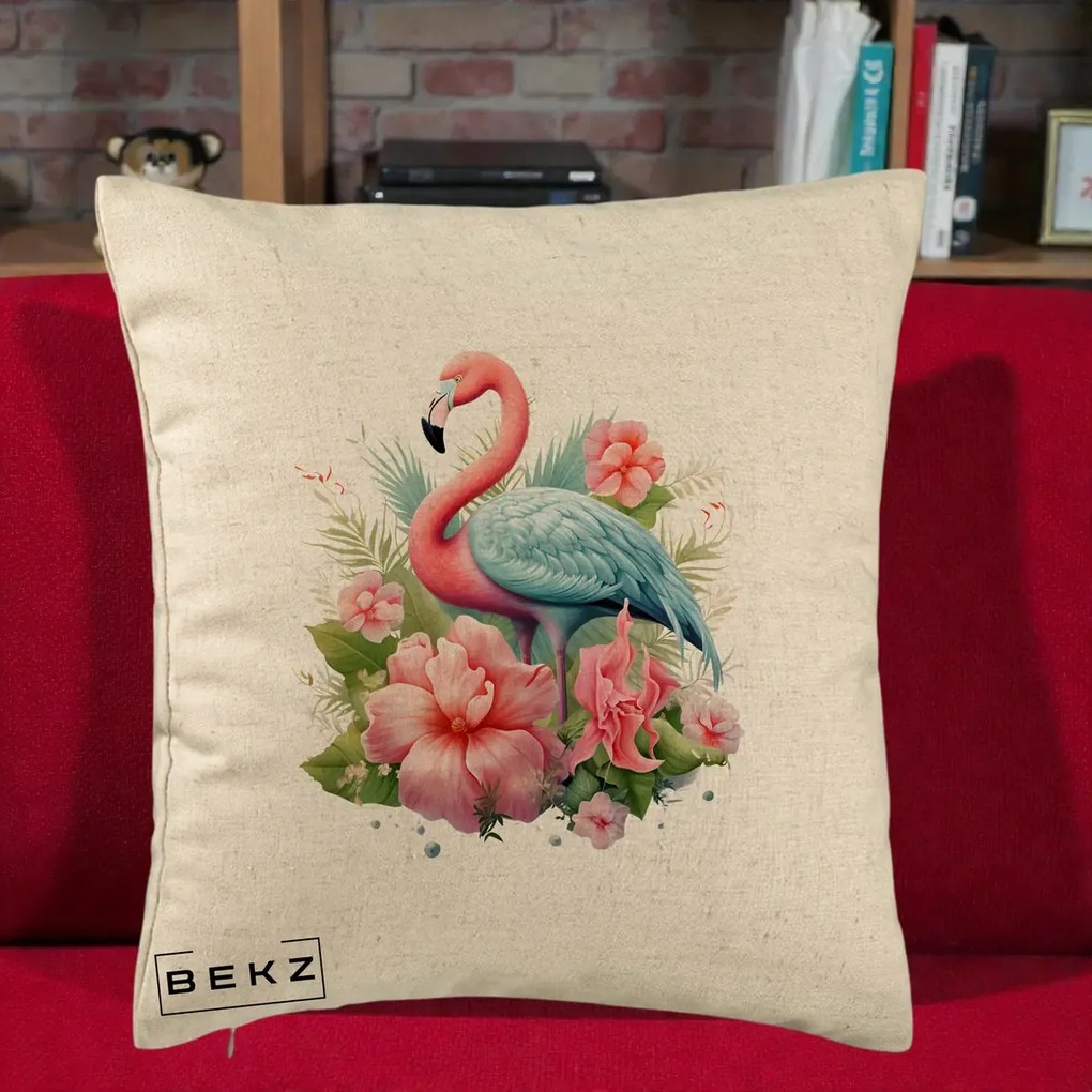Perna Decorativa Flamingo cu Hibiscus Tropical, 40x40 cm, Bej, Husa Detasabila, Perna Inclusa, BEKZ®
