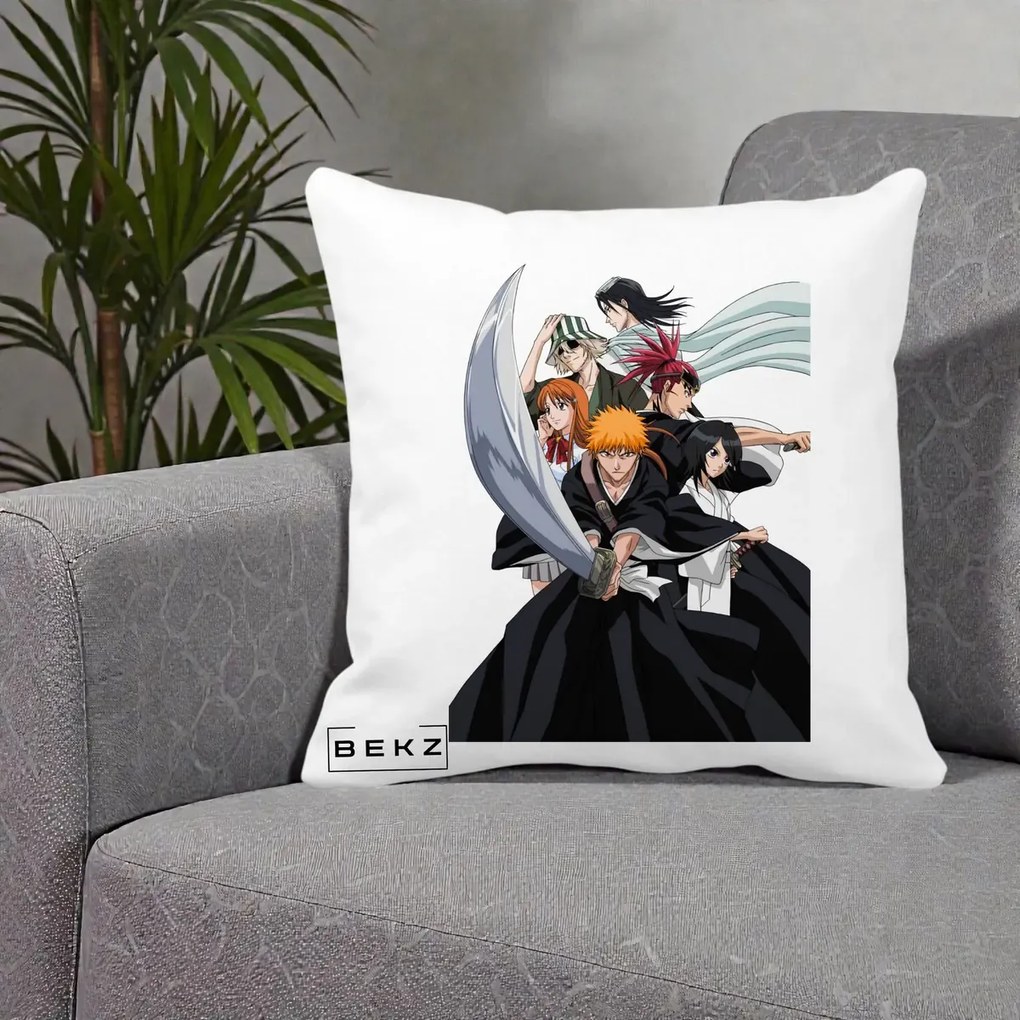 Perna Personalizata Bleach Grup Complet Ichigo si Prietenii, 40x40 cm, Alba Mata, Husa Detasabila, Perna Inclusa, BEKZ®