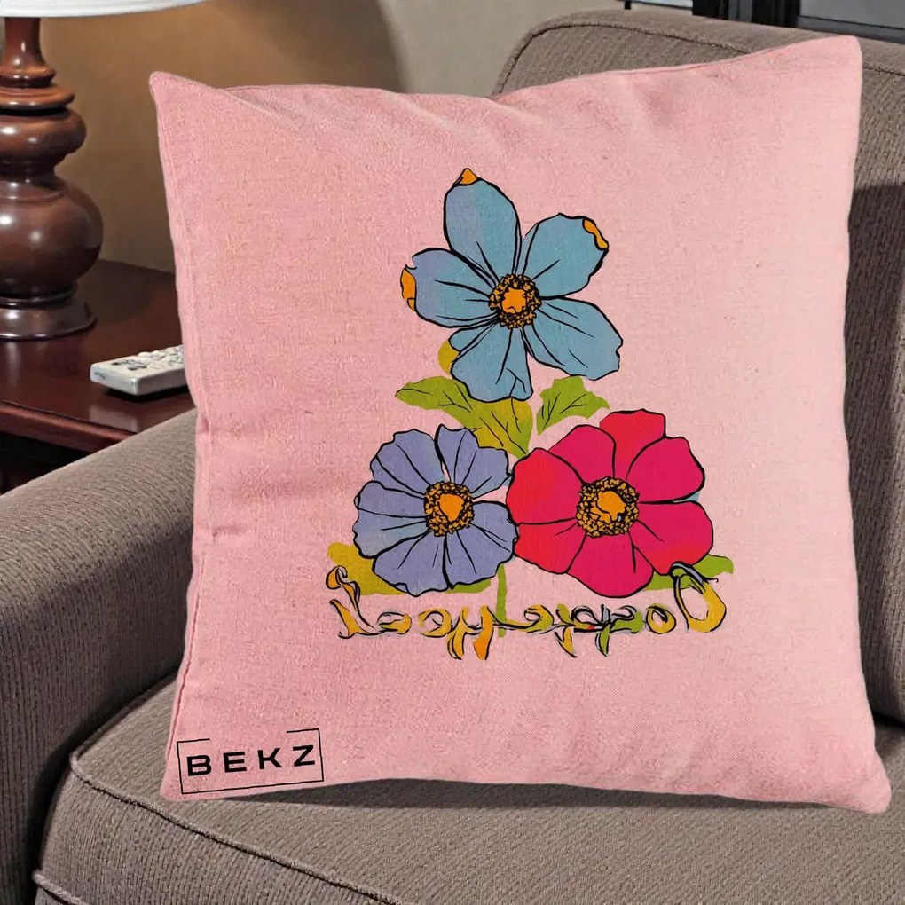 Perna Decorativa Trei Flori Grafice Pop Art, 40x40 cm, Roz, Husa Detasabila, Perna Inclusa, BEKZ®