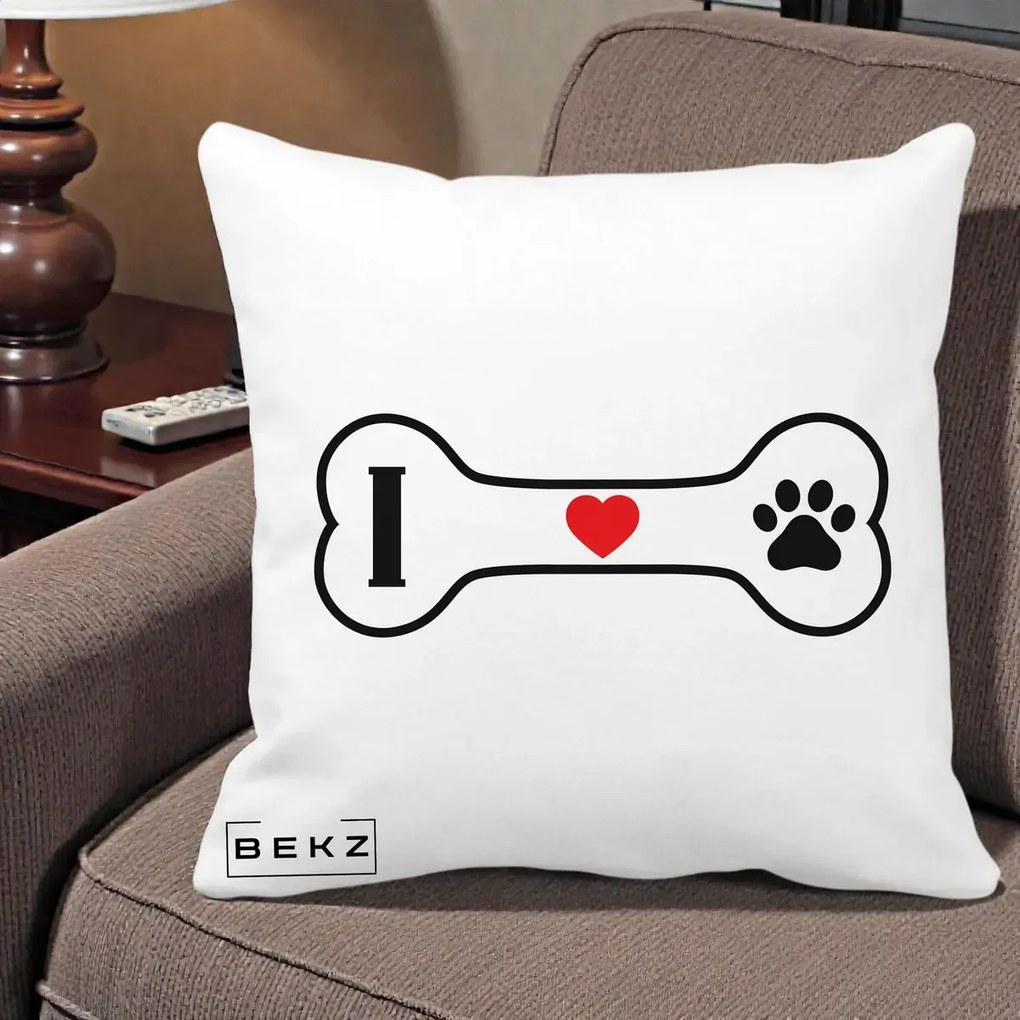 Perna Personalizata I Love Dog Os si Labuta, 40x40 cm, Alba Mata, Husa Detasabila, Perna Inclusa, BEKZ®