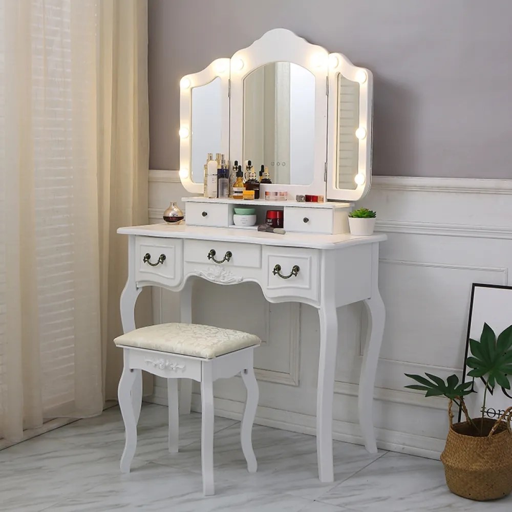 Set Elisabeta, Masă de toaletă cu 3 oglinzi iluminate LED, control touch, 5 sertare, scaun, Alb,
