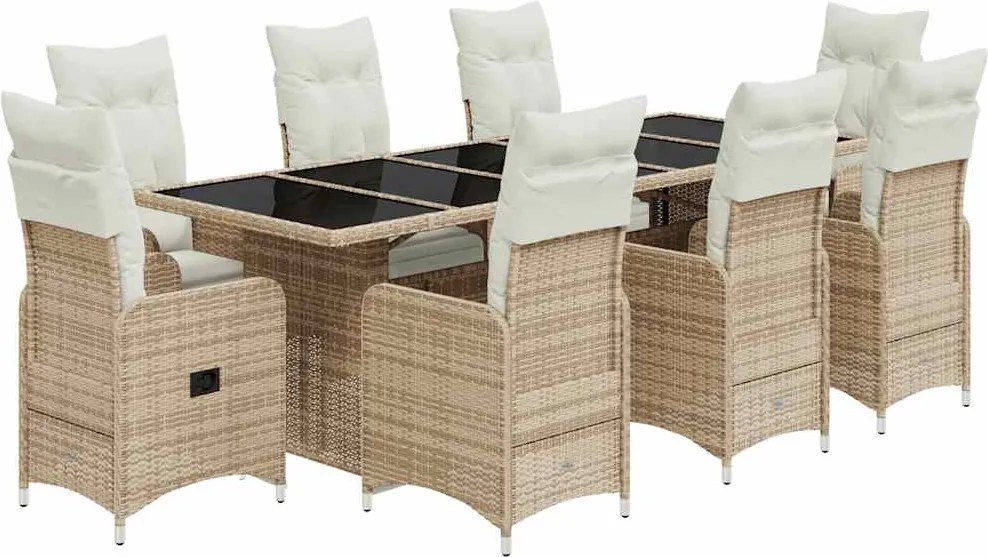 vidaXL Set bistro de grădină, 9 piese, cu perne, bej, poliratan