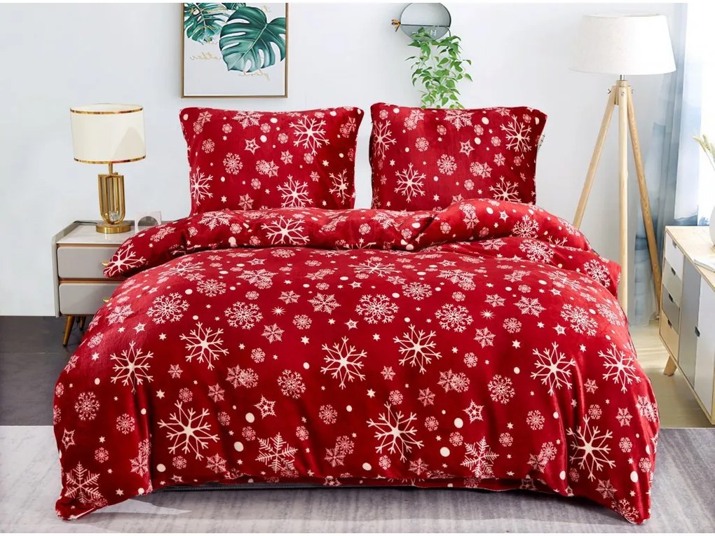 2x lenjerie de pat din microplus SNOWFALL rosu + cearsaf din microplus SOFT 180x200 cm alb