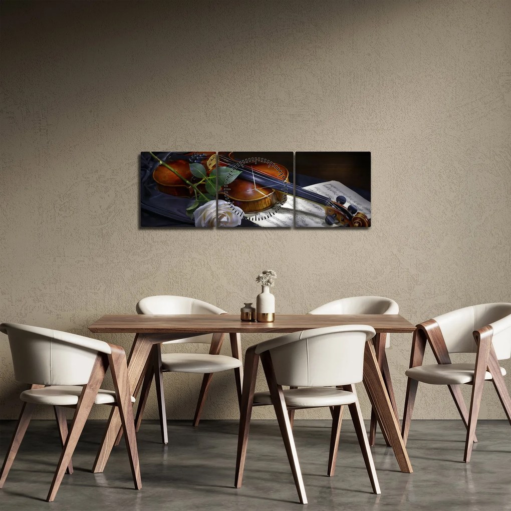 Tablou - Trandafiri și vioară (cu ceas) (90x30 cm)