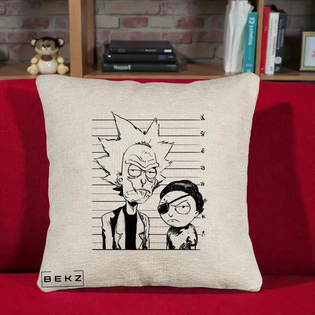 Perna Personalizata Rick si Morty Dosar, 40x40 cm, Bej Canapea, Husa Detasabila, Perna Inclusa, BEKZ®