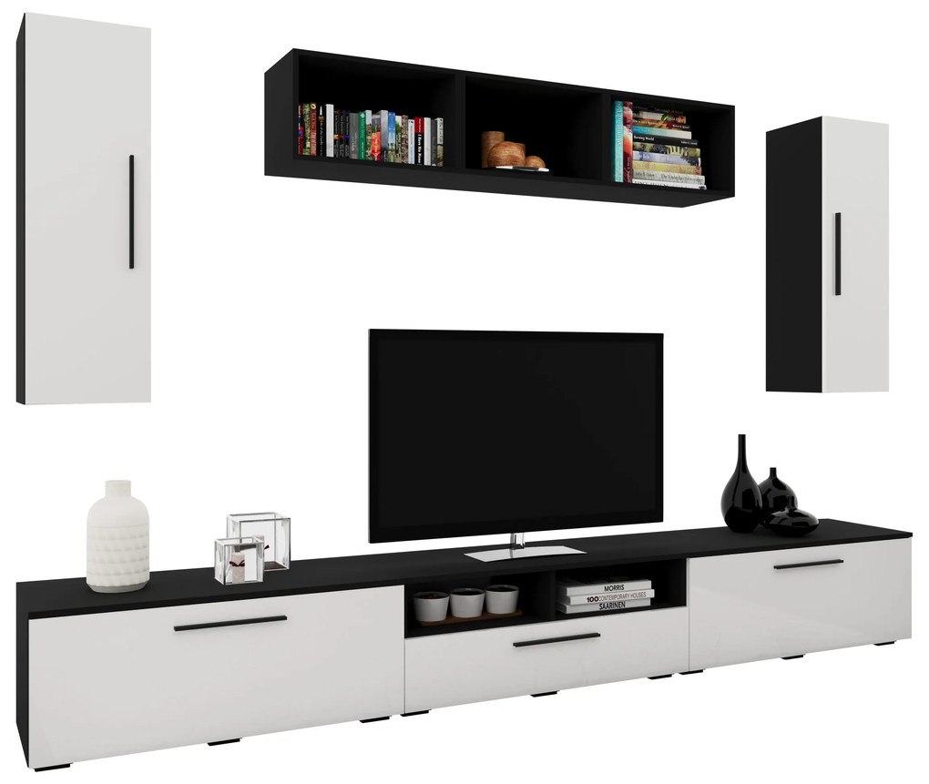 Living Kos V2, Negru/Alb Lucios, MDF, L 285 cm