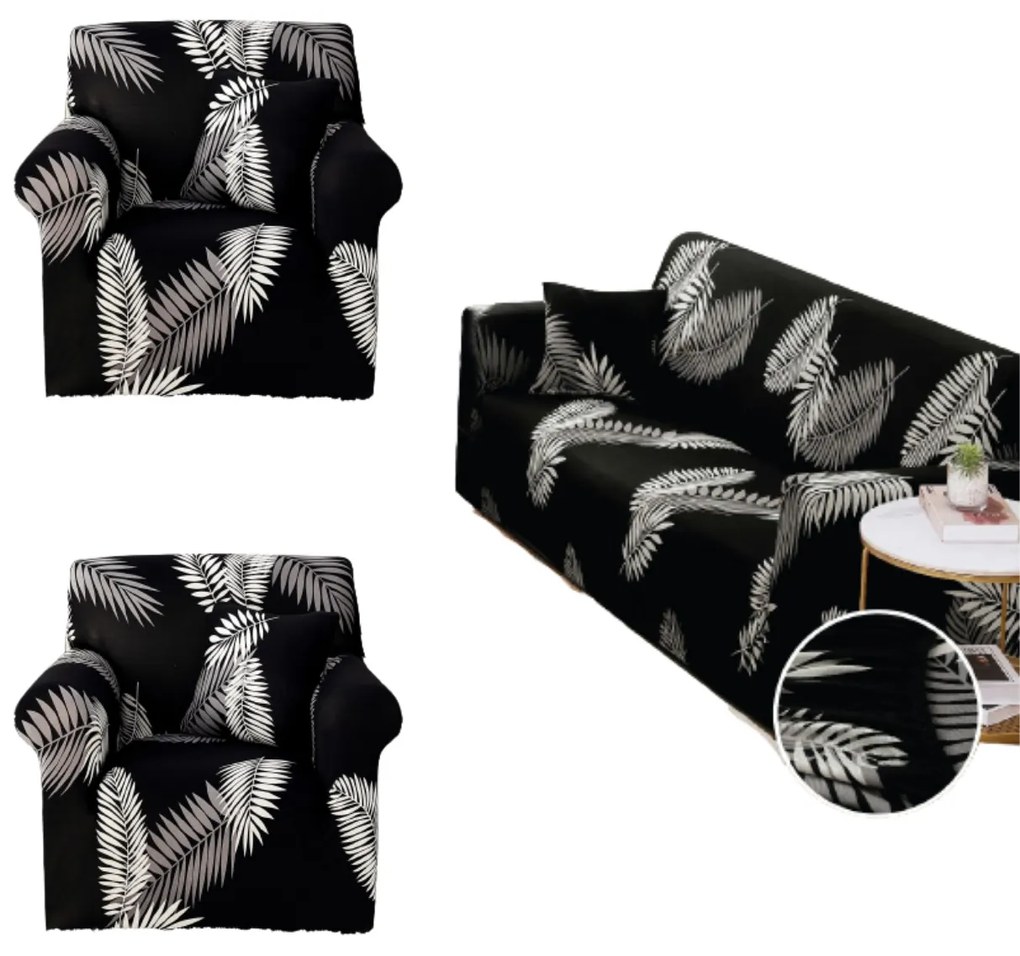 Set huse elastice, canapea 3 locuri + 2 fotolii, cu brate, negru, SHEJ-48
