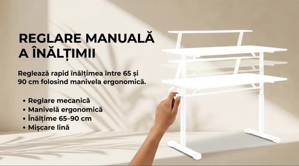 ERGOLEV WX-007 – Birou Reglabil Manual cu Înălțime Ajustabilă 65–90 cm, Blat Monobloc din PAL de Înaltă Densitate 15 mm, Cadru Metalic din Oțel, Raft Superior Integrat, 100x60 cm, Alb