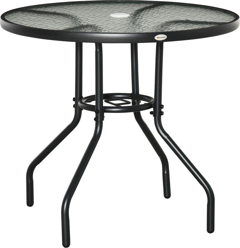 Outsunny Masă de Grădină Rotundă 80 cm cu Orificiu pentru Umbrelă, Masă de Cafea pentru Exterior cu Blat din Sticlă Temperată, Cadru Metalic, pentru Terasă, Balcon, Negru | Aosom Romania
