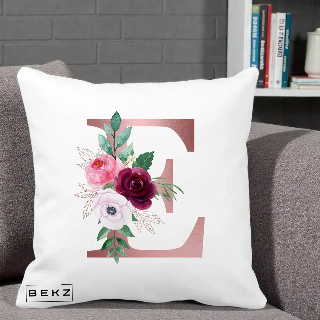 Cadou Personalizat - Perna Personalizata Monograma Rose Gold Litera E, 40x40 cm, Alba Mata, Husa Detasabila, Perna Inclusa, BEKZ®