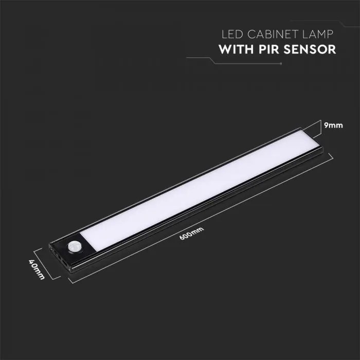 Corp led pentru dulap cu senzor de miscare si acumulator, 2.5 W, lumina neutra(4000K), 260 lm, IP20, negru, V-TAC