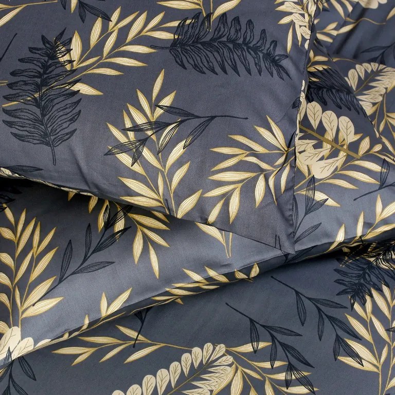 Goldea lenjerie de pat de lux din bumbac satinat - model 1059 - frunze aurii și negre pe gri antracit 140 x 200 și 70 x 90 cm