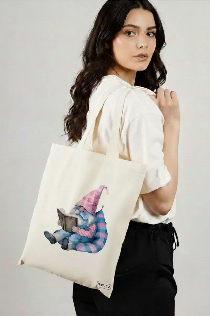 Sacosa de Panza pentru Cumparaturi, Geanta Tote, model The Bookish Gnome 3 38 x 34.5 cm, Alba, BEKZ®