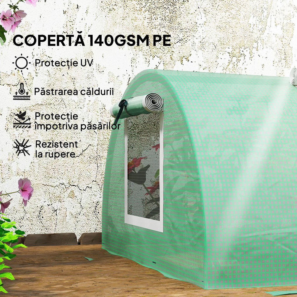 Outsunny Seră de Grădină Tunel cu 5 Ferestre Rulante din Oțel, PE și PP, 300x80x45 cm, Verde | Aosom Romania