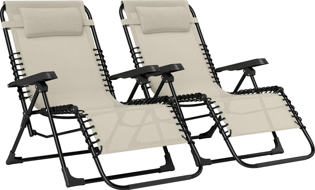 Outsunny Set de 2 șezlonguri, șezlong pliant reglabil cu tetieră din textilenă, 90 x 65 x 112 cm, bej | Aosom Romania