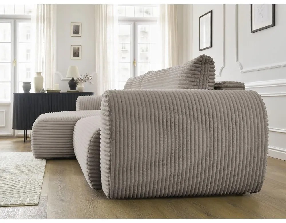 Colțar gri deschis/bej extensibil cu tapițerie din catifea reiată (cu colț pe partea stângă ) Lucien – Bobochic Paris