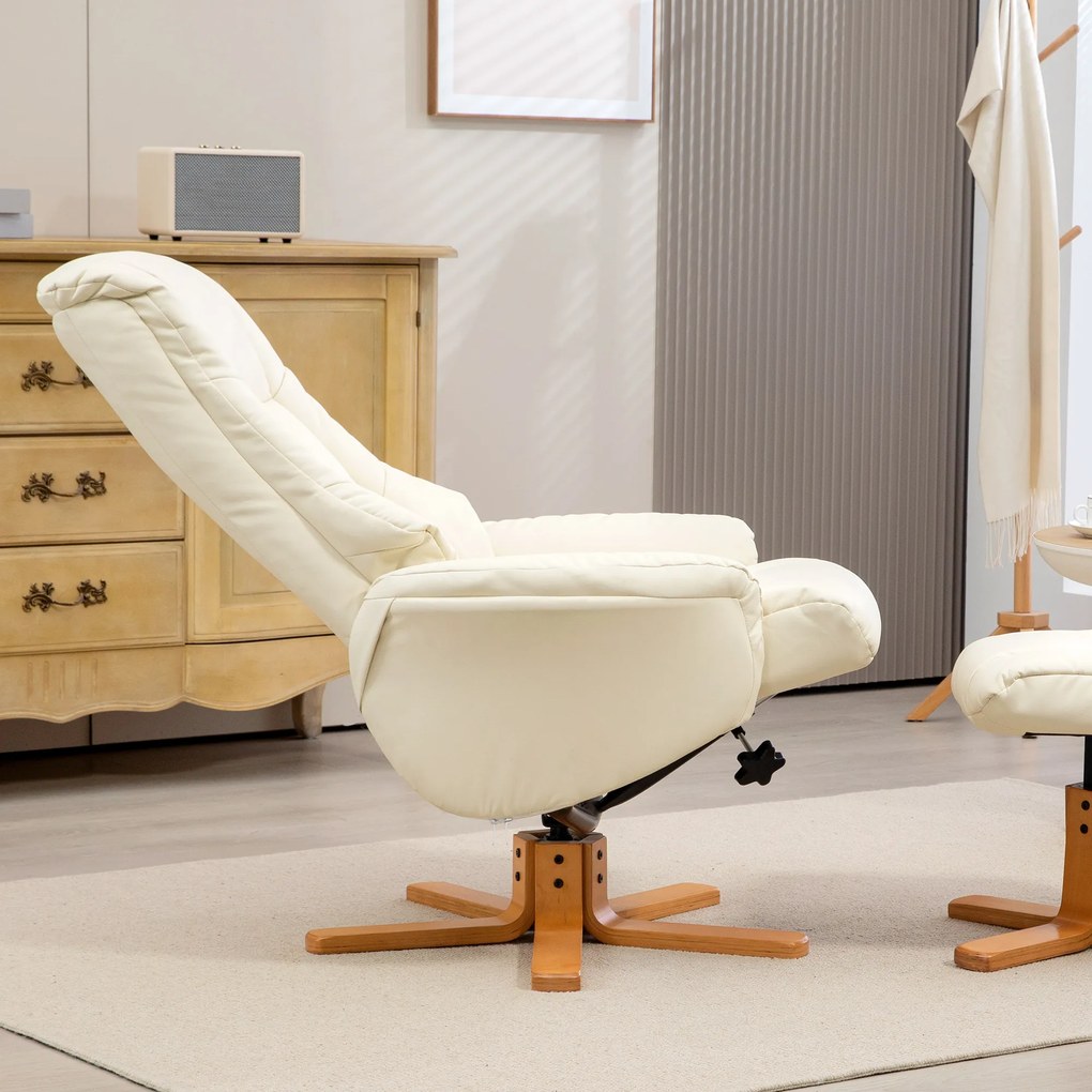 HOMCOM Fotoliu de Relaxare cu Taburet, Funcție de Culcare, Piele Ecologică, până la 150 kg, 71 x 84 x 102 cm, Crem | Aosom Romania