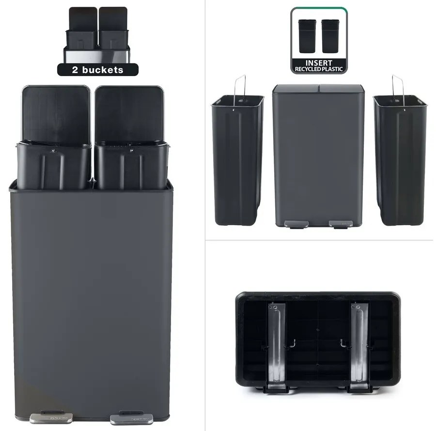 Coș de gunoi gri închis pentru reciclare/cu pedală 2x30 l din oțel Aliya – Spirella