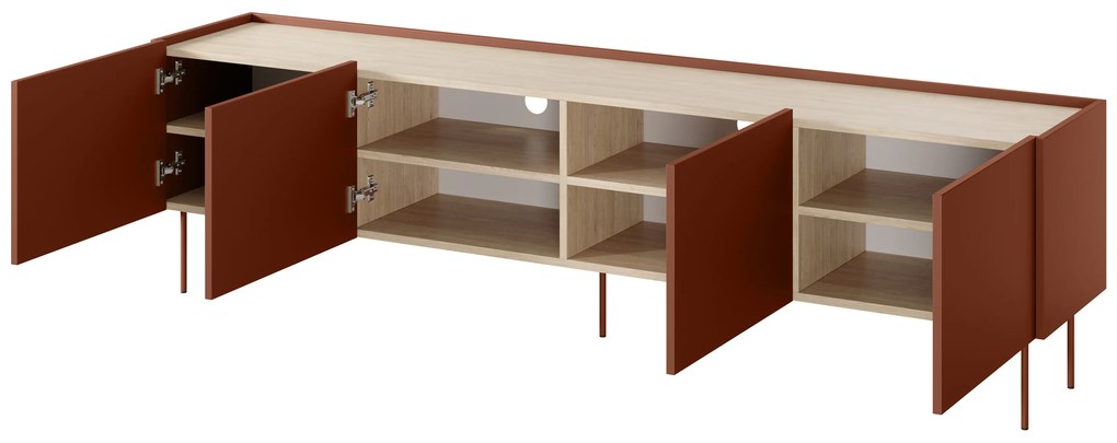 Dulap TV Desin 220 cm cu picioare metalice - ceramica rosu / stejar nagano