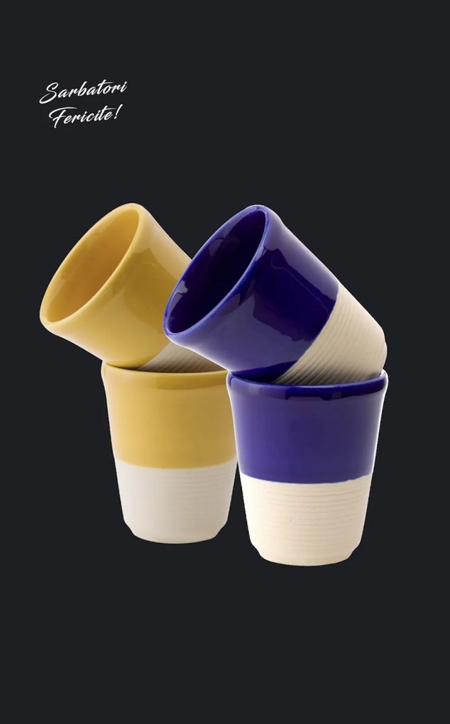 Set Cadou 4 Pahare Ceramica Arhitect Glaze Sarbatori (2 Pahare Albastru Cobalt 200ml, 2 Pahare Galbene 200ml)