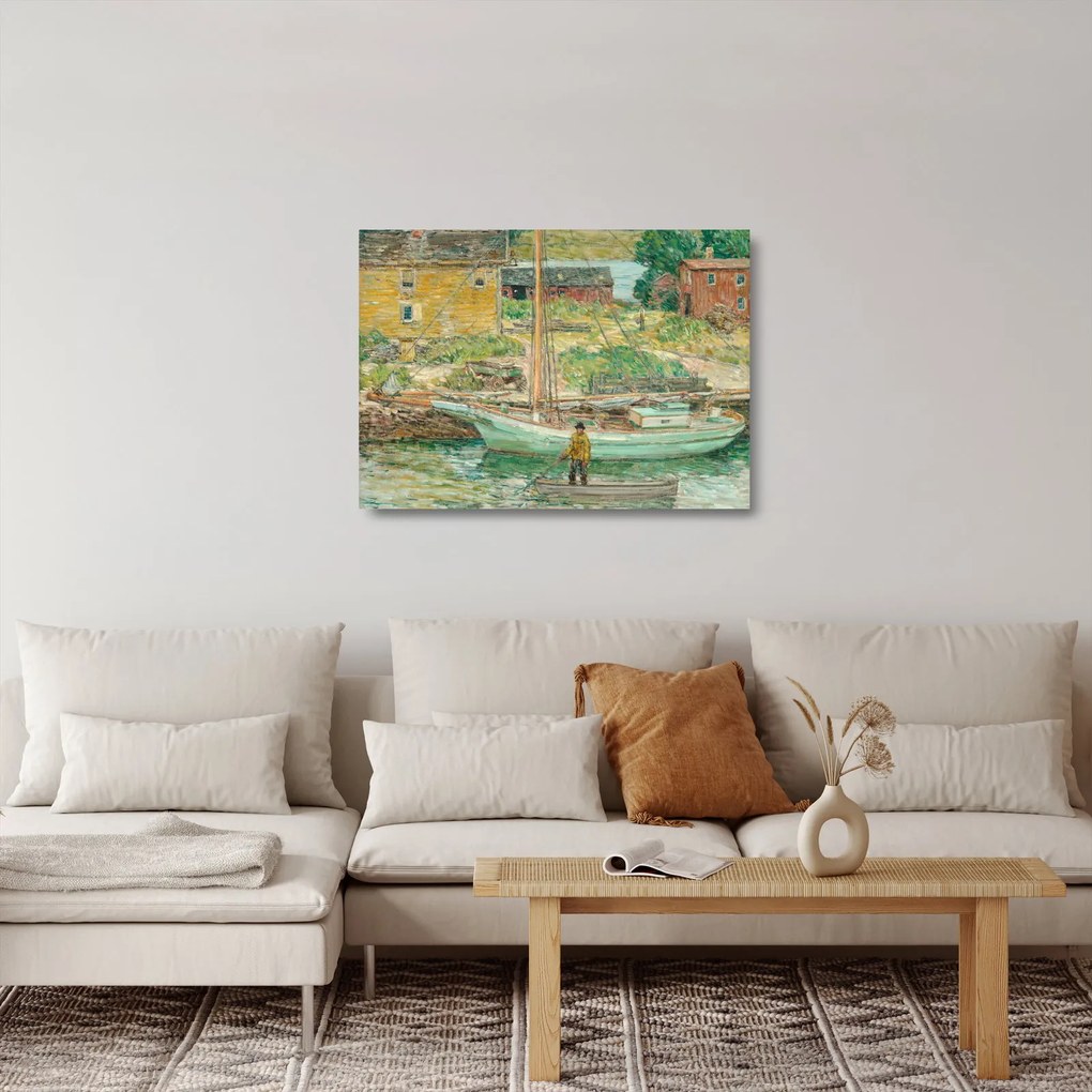 Tablou pe sticlă - Childe Hassam, Oyster Sloop, Cos Cob, reproducere (70x50 cm)
