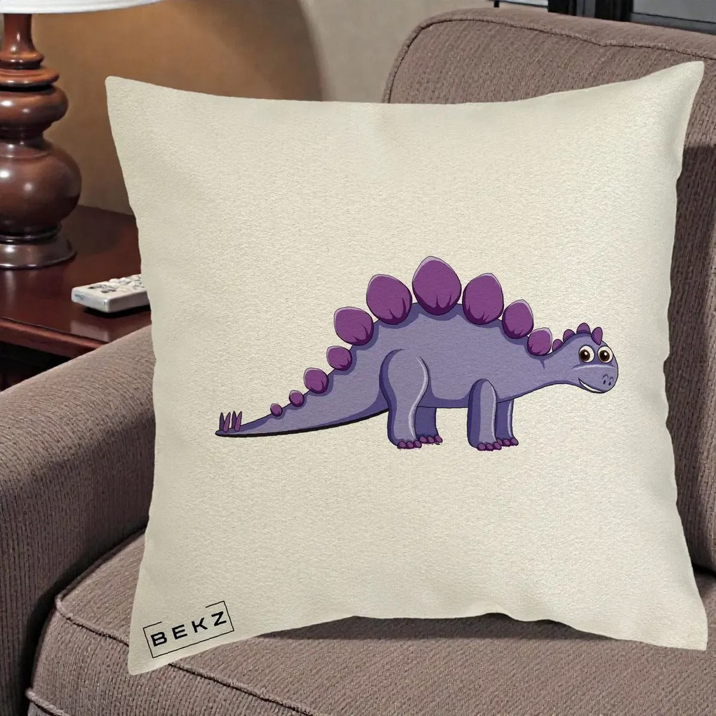 Perna Personalizata Stegozaur Mov, 40x40 cm, Ecru, Husa Detasabila, Perna Inclusa, BEKZ®