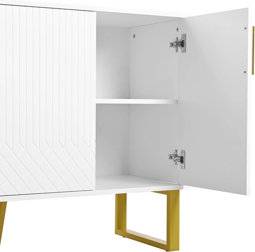 Bufet cu 4 uși, mânere și picioare din metal, spațiu mare de depozitare, 140x40x80 cm, Alb