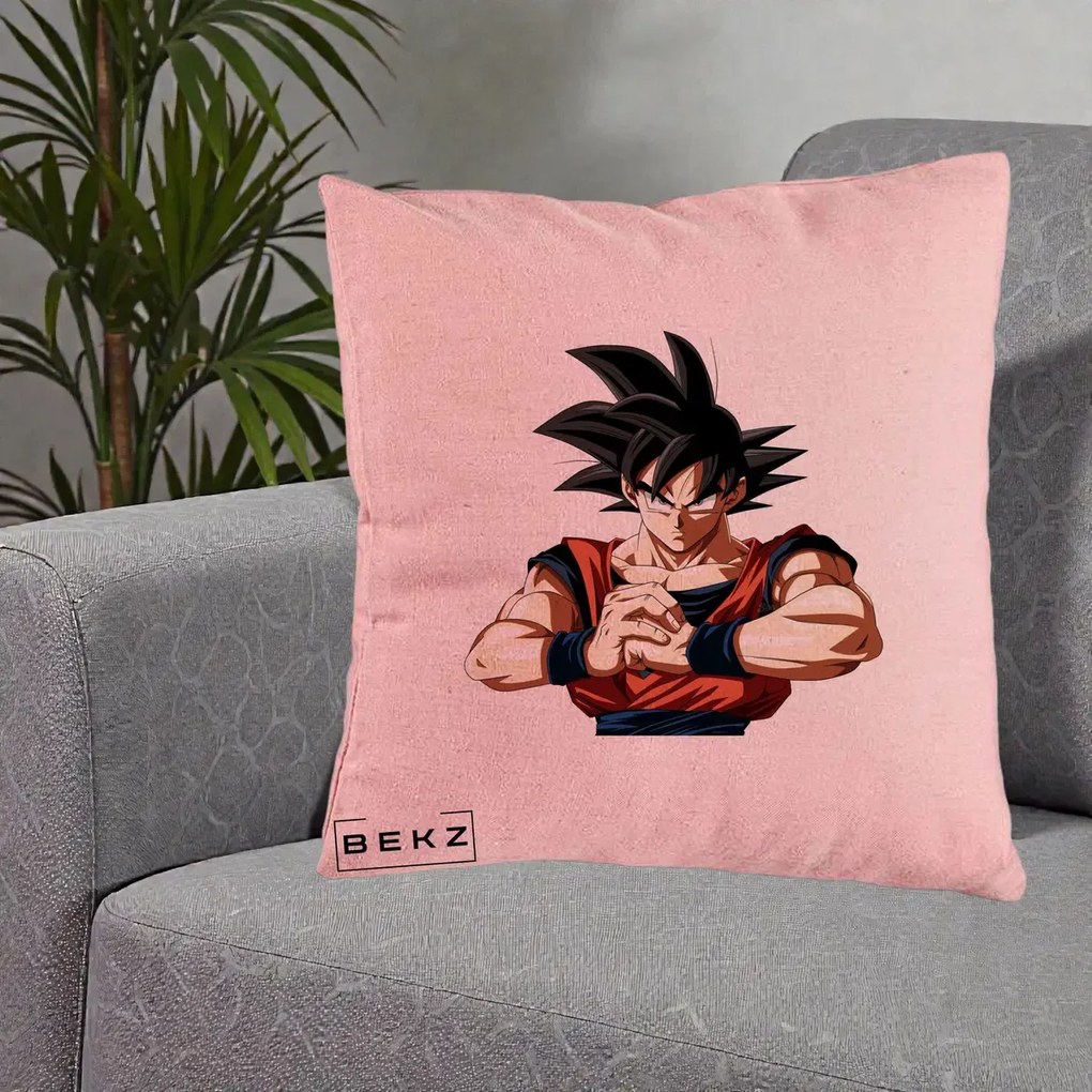 Perna Personalizata Dragon Ball Goku Portret Serios, 40x40 cm, Roz, Husa Detasabila, Perna Inclusa, BEKZ®