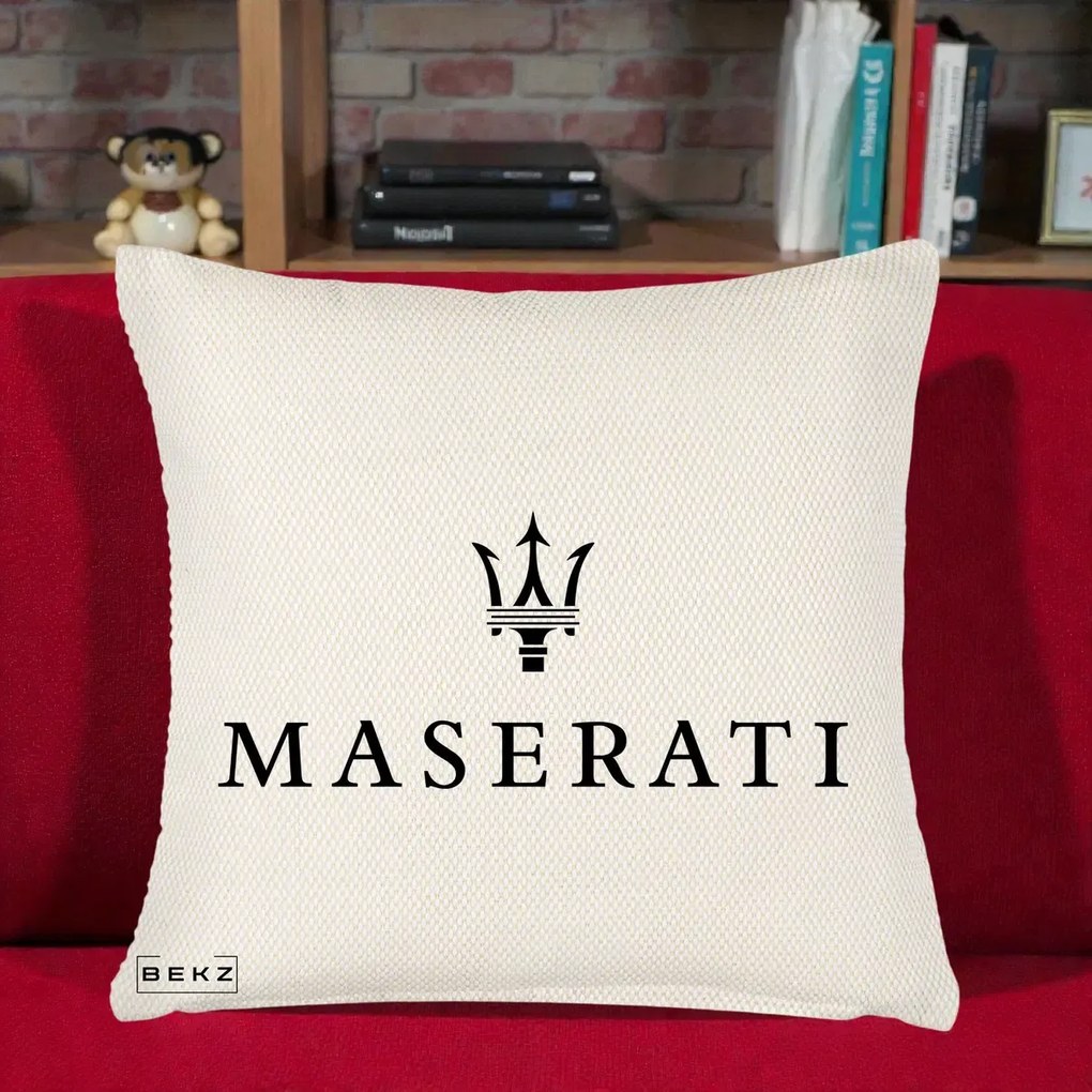 Perna Personalizata cu emblema Maserati, 40x40 cm, Crem Reliefat, Husa Detasabila, Perna Inclusa, BEKZ®
