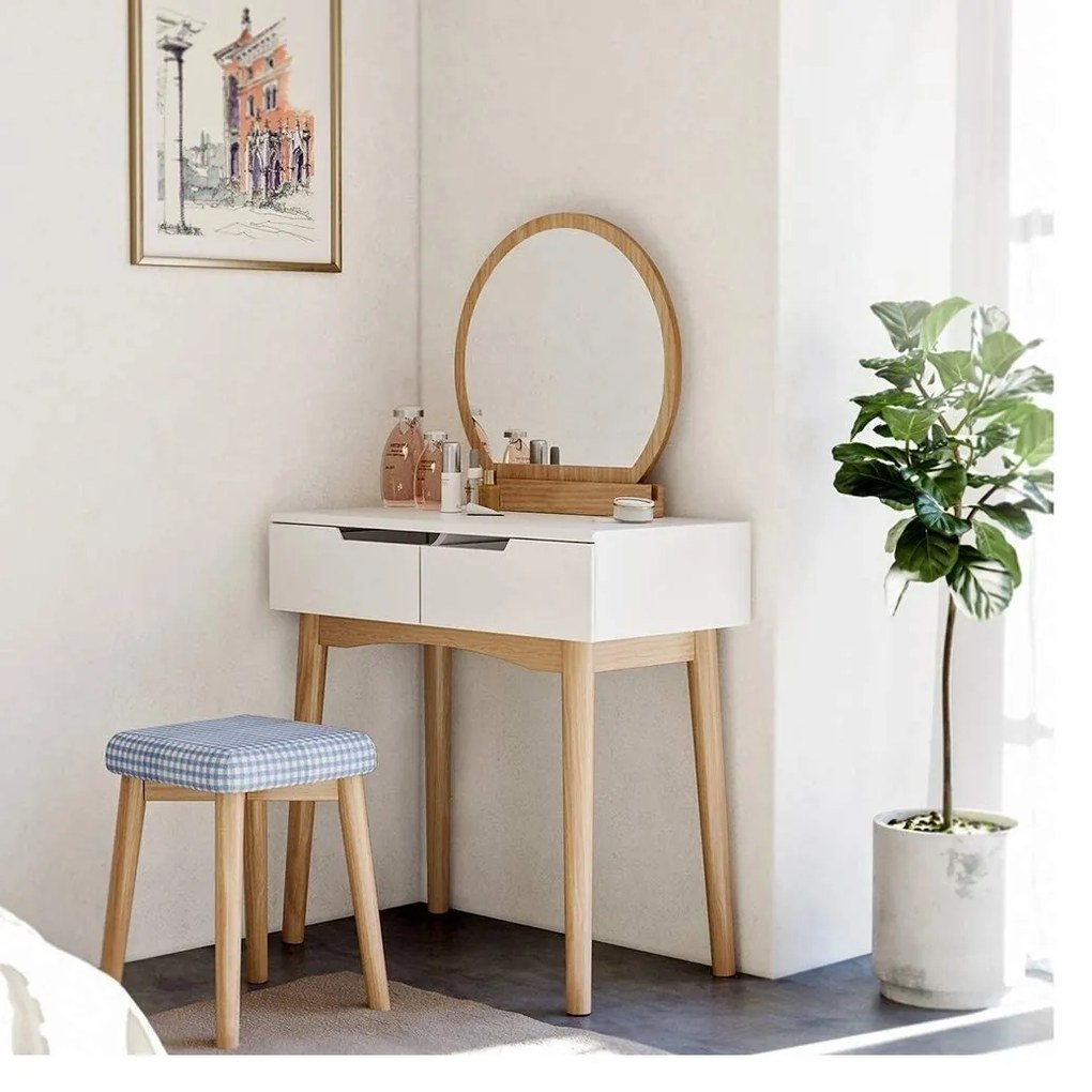 Masa cosmetica cu taburet si oglinda rotunda Alb+Natur