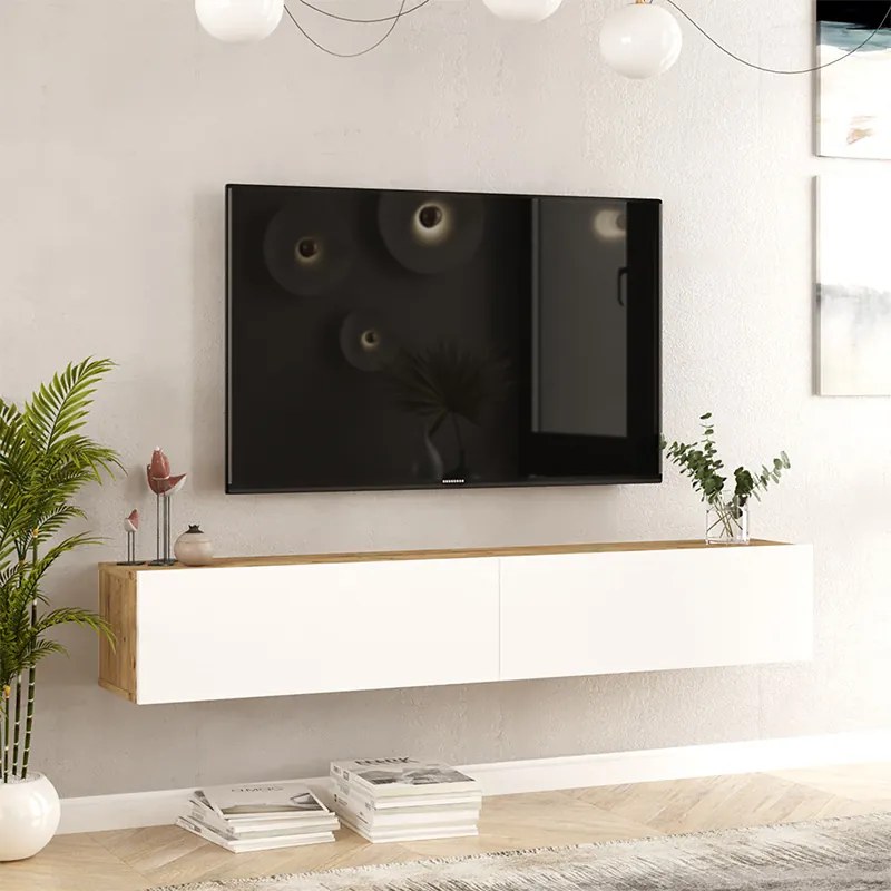 Comoda TV suspendata Delora, culoare alb-stejar, 180 x 31.6 x 29.6 cm
