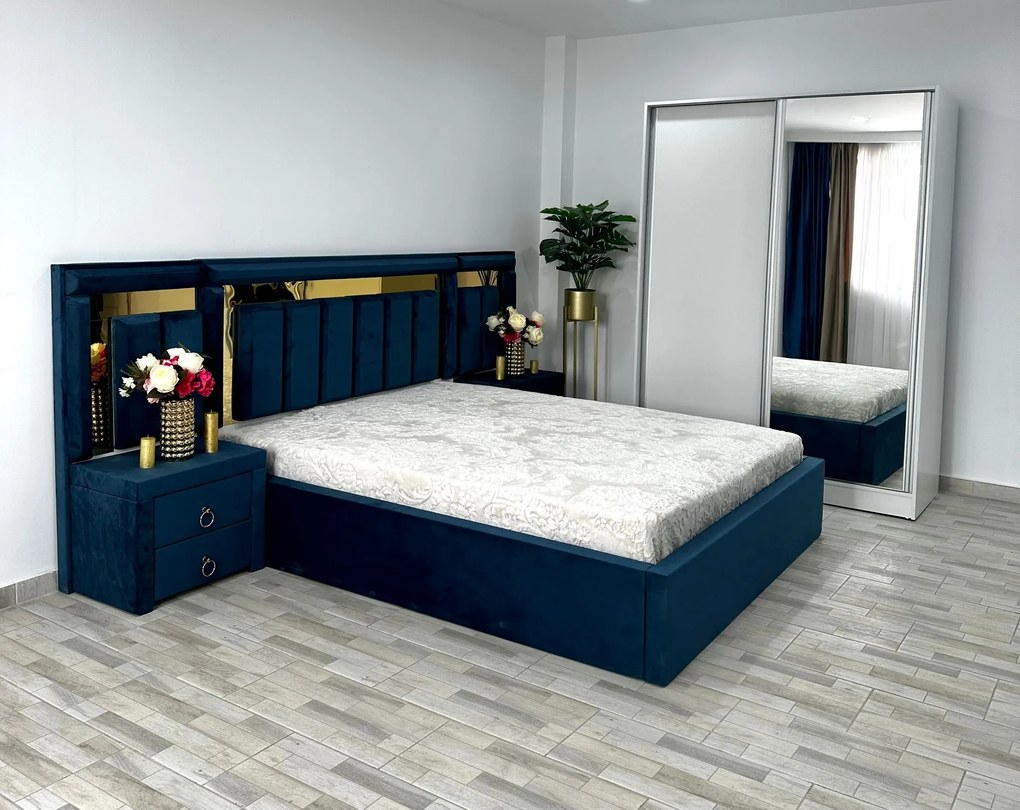 Dormitor Napoli, culoare albastru / alb, cu pat Napoli 160 x 200 cm, dressing Erika 150 cm si 2 noptiere Napoli