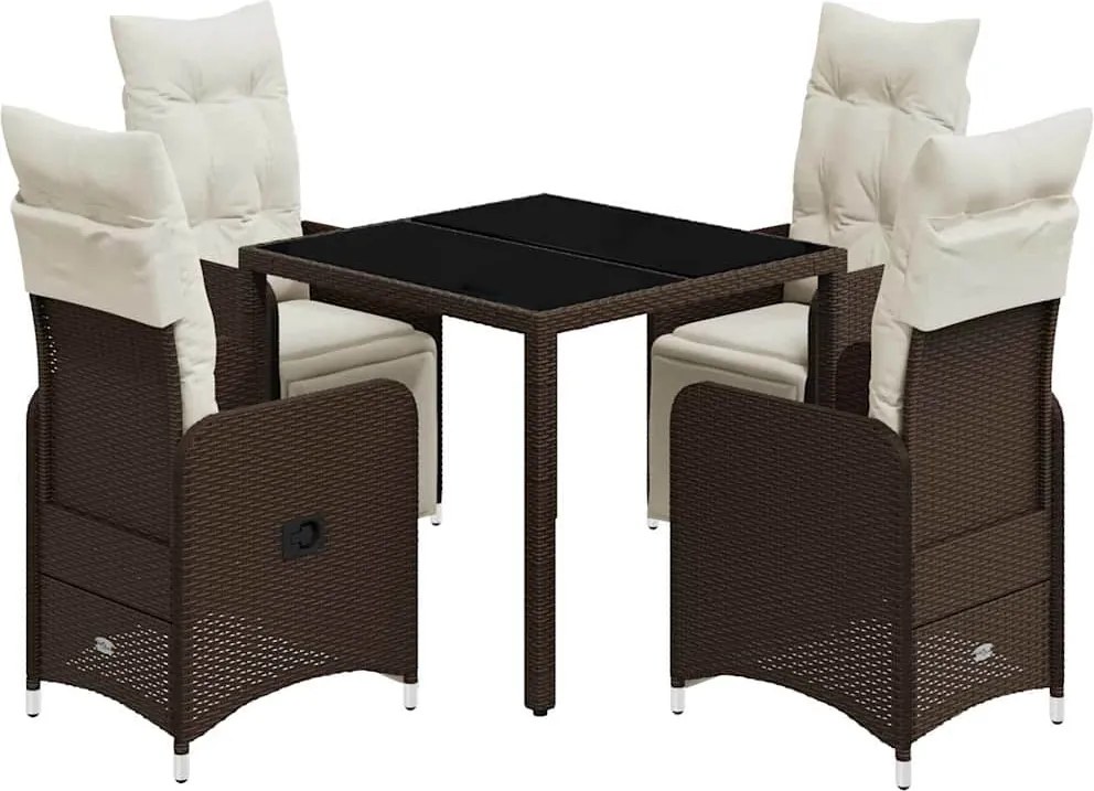 vidaXL Set bistro de grădină, 5 piese, cu perne, maro, poliratan