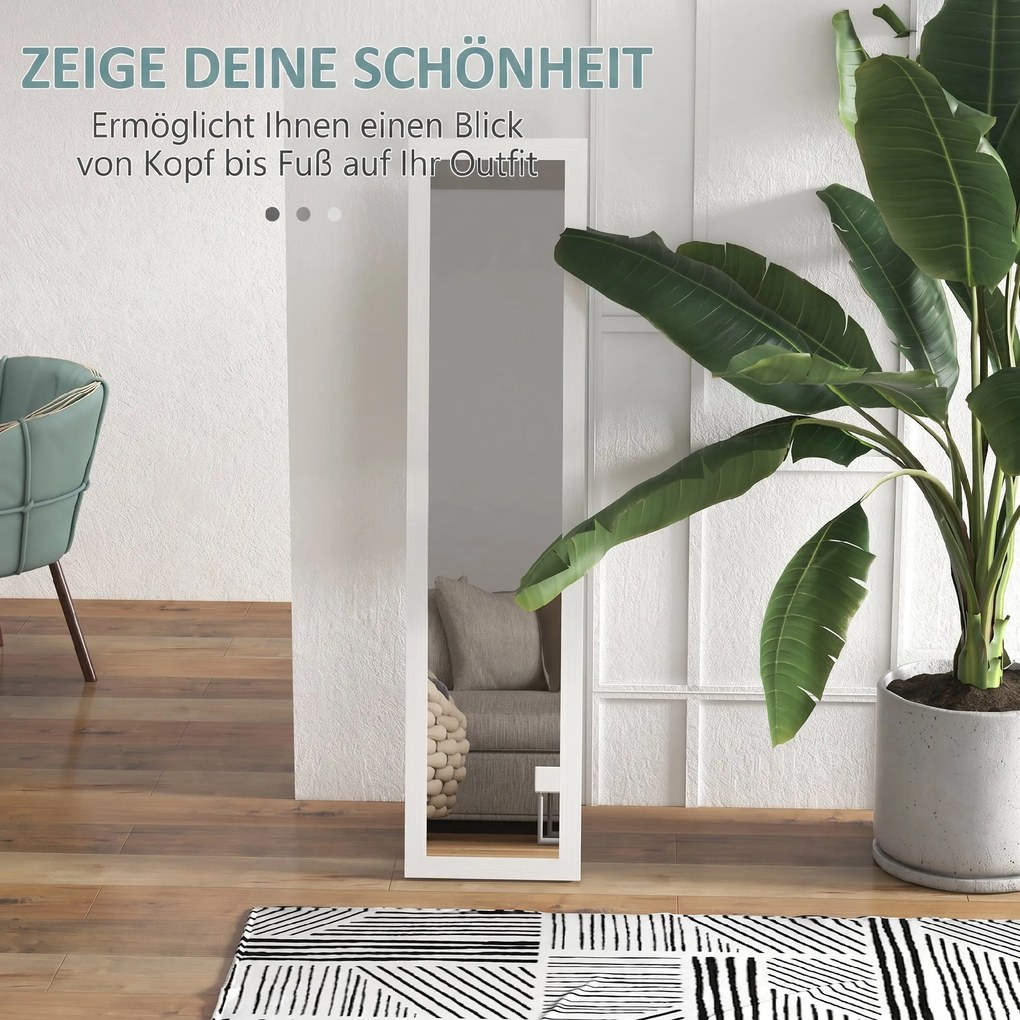 HOMCOM Oglindă cu Ramă din MDF, Picioare și Cârlige pentru Utilizare pe Podea sau pe Perete, 37x40x155 cm, Alb | Aosom Romania
