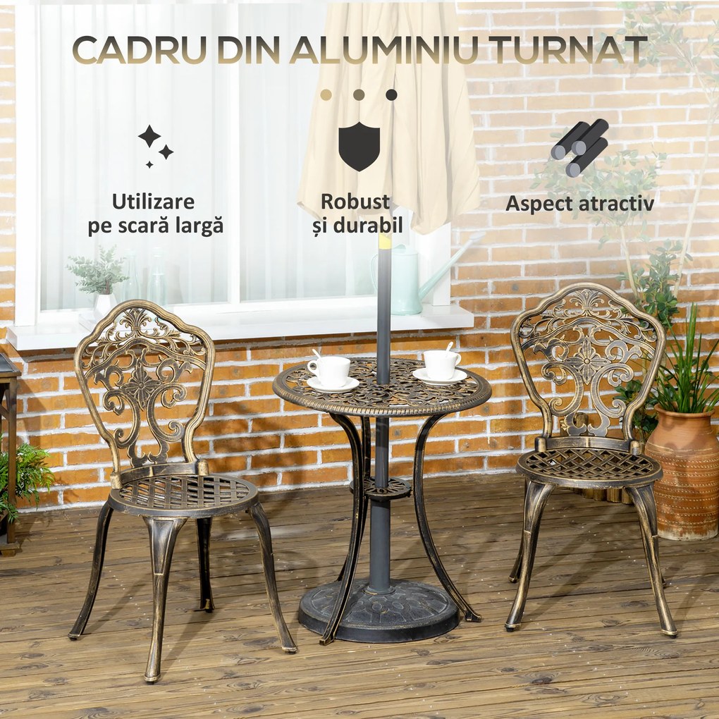 Outsunny Set Bistrò de Grădină 3 Piese cu 2 Scaune de Grădină și Masă Rotundă cu Orificiu pentru Umbrelă, Set Masă și Scaune de Grădină din Aluminiu, pentru Terasă, Curte, Exterior, Bronz | Aosom Romania