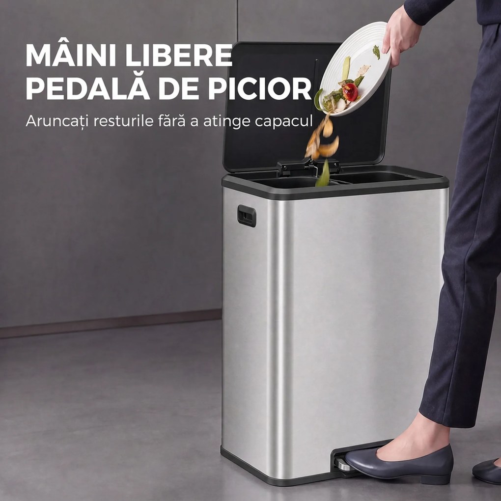 HOMCOM Coș de bucătărie 2 x 30 L, cu pedală, din oțel inoxidabil, găleți detașabile și capac soft-close, argintiu | Aosom Romania