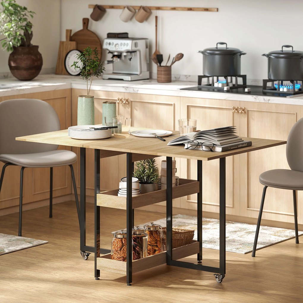 HOMCOM Masă de sufragerie pliabilă pe roți 4 persoane cu compartimente deschise, pentru spații mici, sufragerie, stejar | Aosom Romania