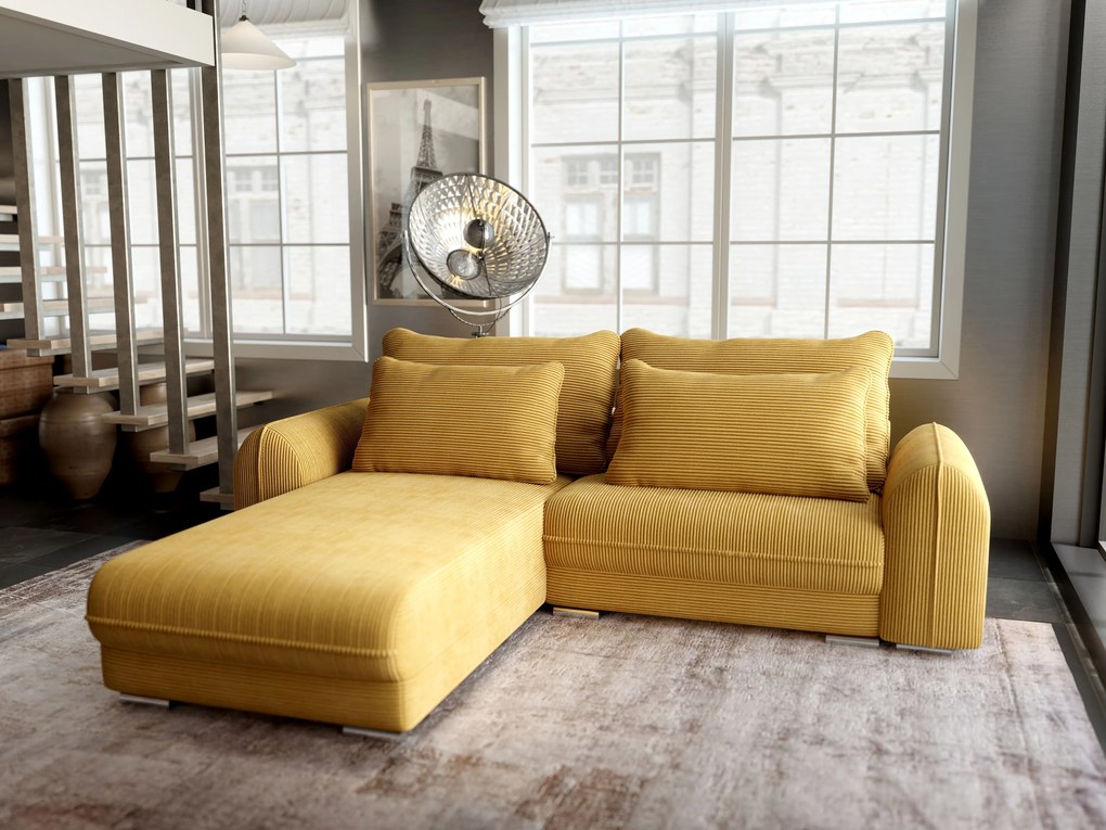 Colțar extensibil dumonde cu ladă de depozitare si sezut confortabil din spuma high-density, Denver Zoom Mustar 275x185 cm