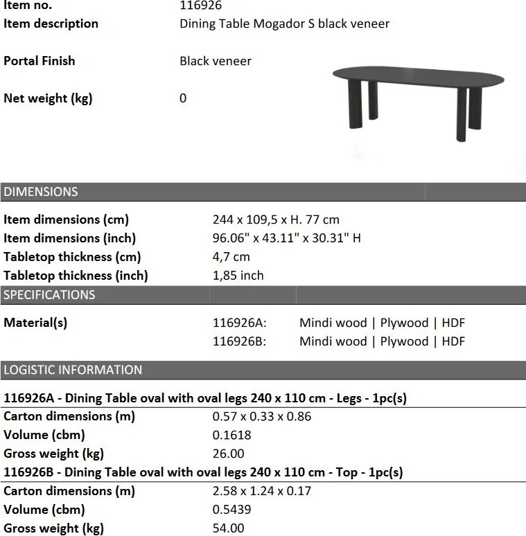 Masa dining moderna design LUX Mogador S negru 244x109cm