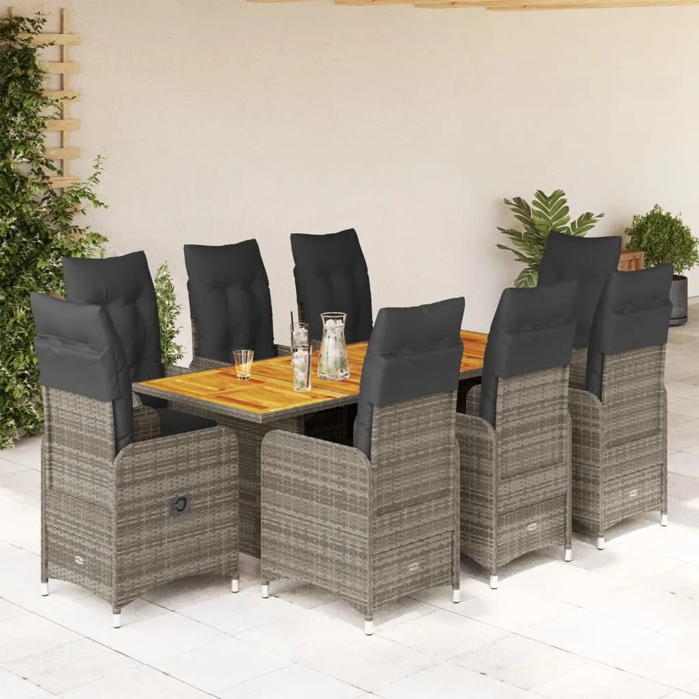 3277029 vidaXL Set bistro de grădină cu perne, 9 piese, gri, poliratan