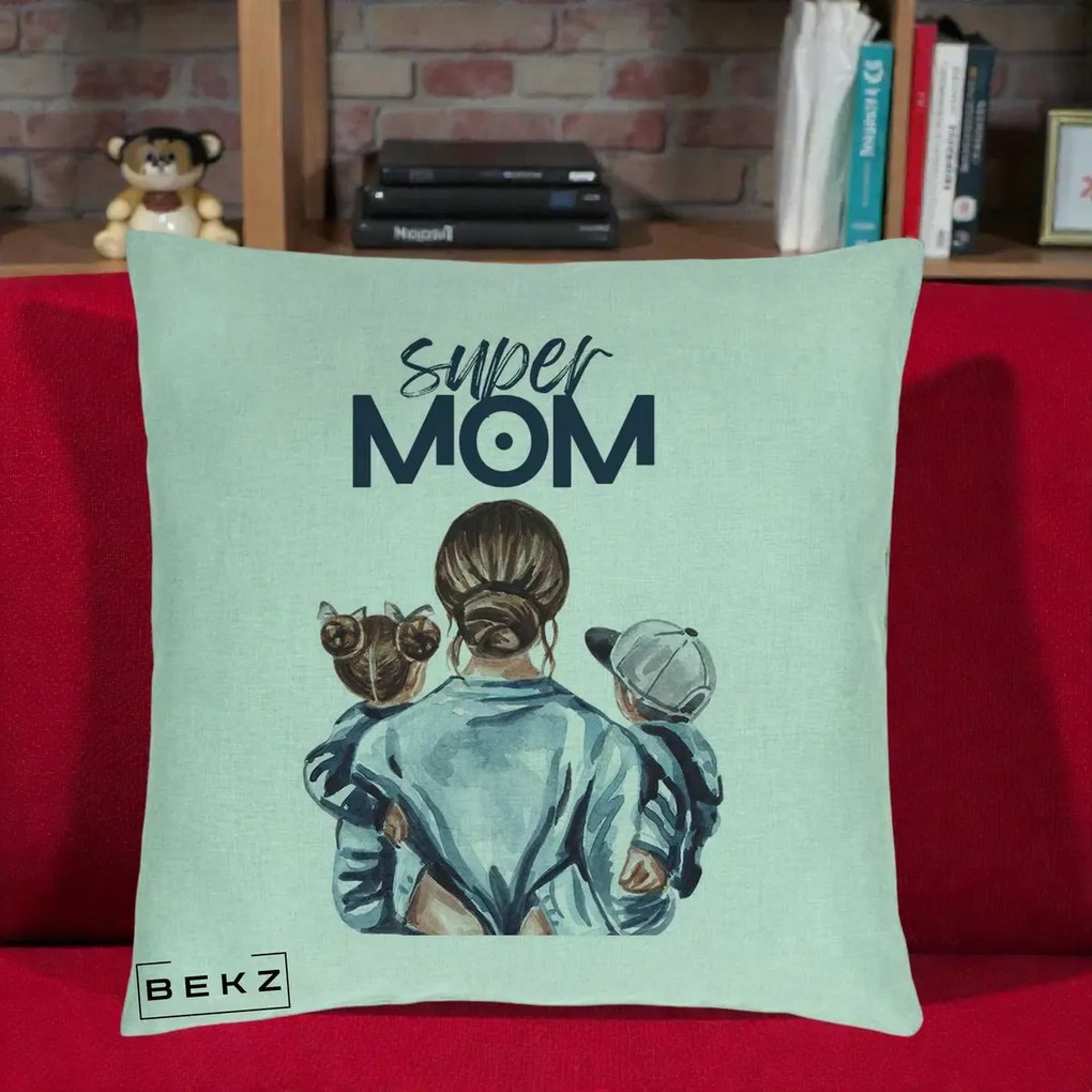 Cadou pentru Mama - Perna Personalizata Super Mom, 40x40 cm, Verde Menta, Husa Detasabila, Perna Inclusa, BEKZ®