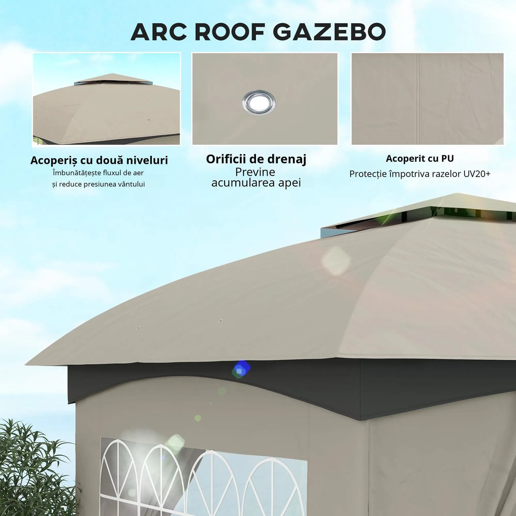 Outsunny Pavilion de grădină 3,4 x 3,4 m, Cort de bere cu acoperiș ventilat, ferestre arcuite, cadru din oțel, Gri deschis | Aosom Romania