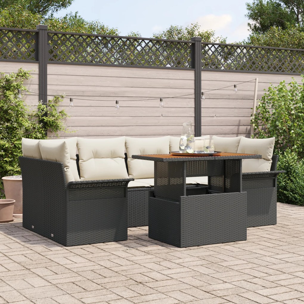 vidaXL Set mobilier grădină , 7 piese, cu perne, din rattan synthetic negru și lemn de acacia