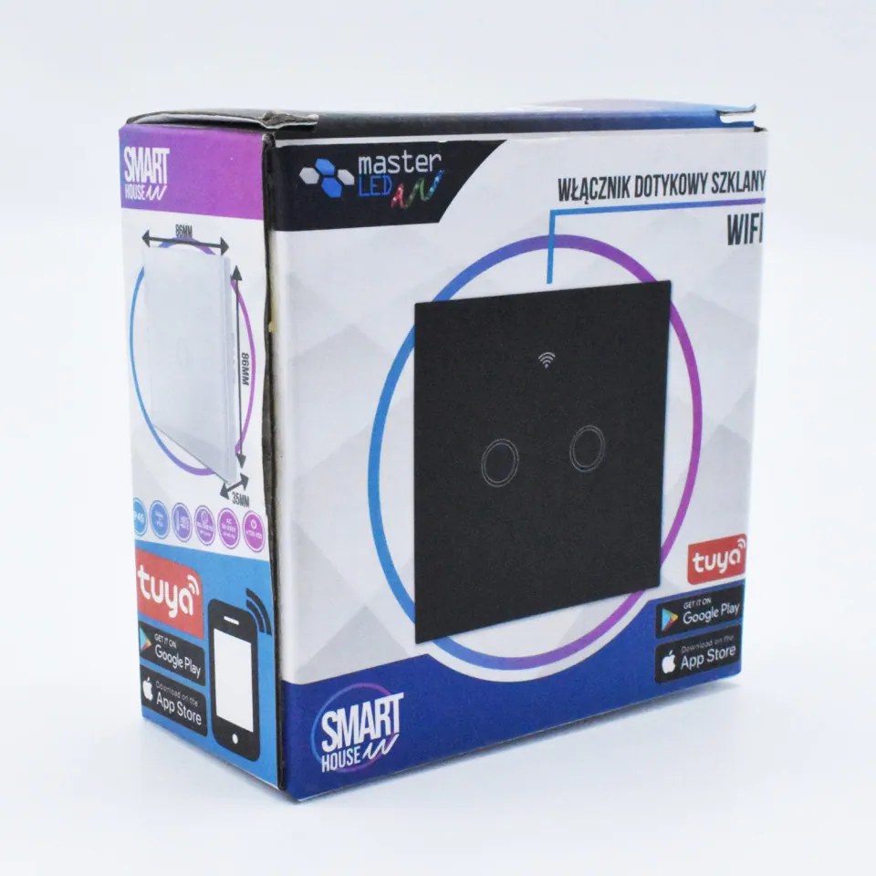 Intrerupator dublu smart, sticla securizata neagra, control Tuya, Masterled