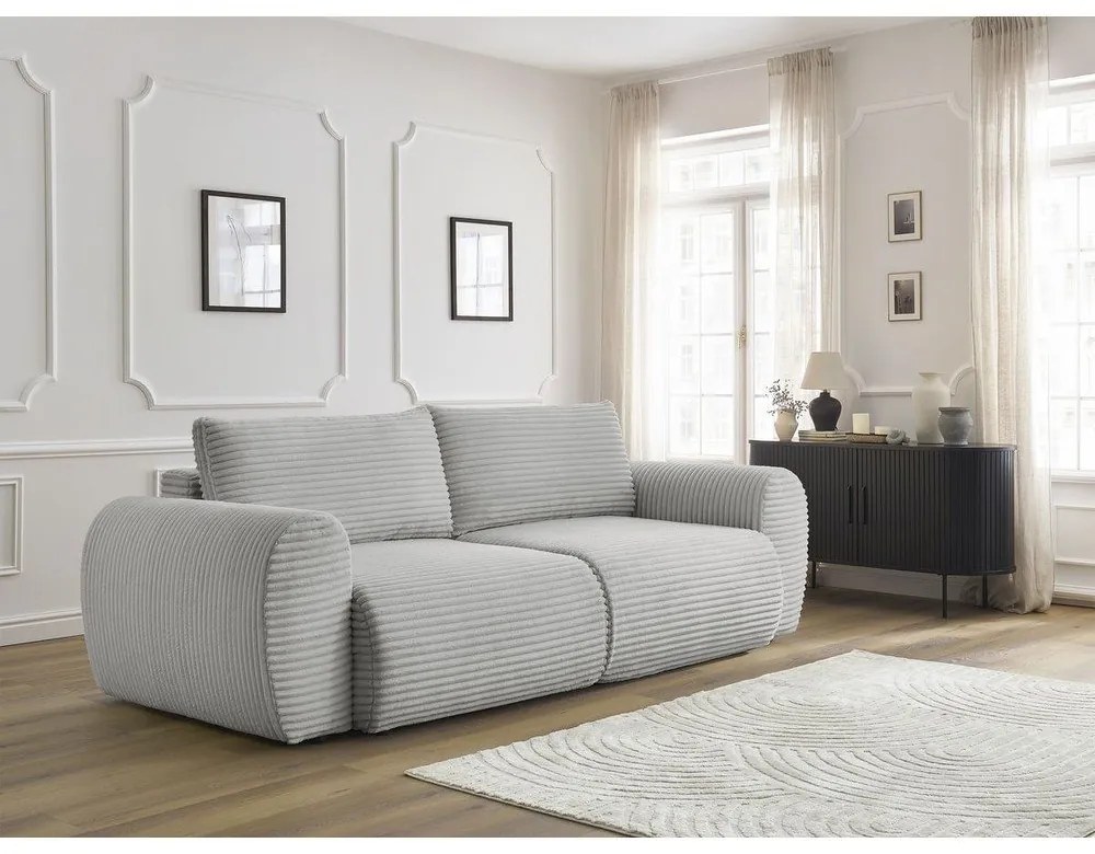 Canapea gri deschis extensibilă cu tapițerie din catifea reiată 257 cm Lucien – Bobochic Paris