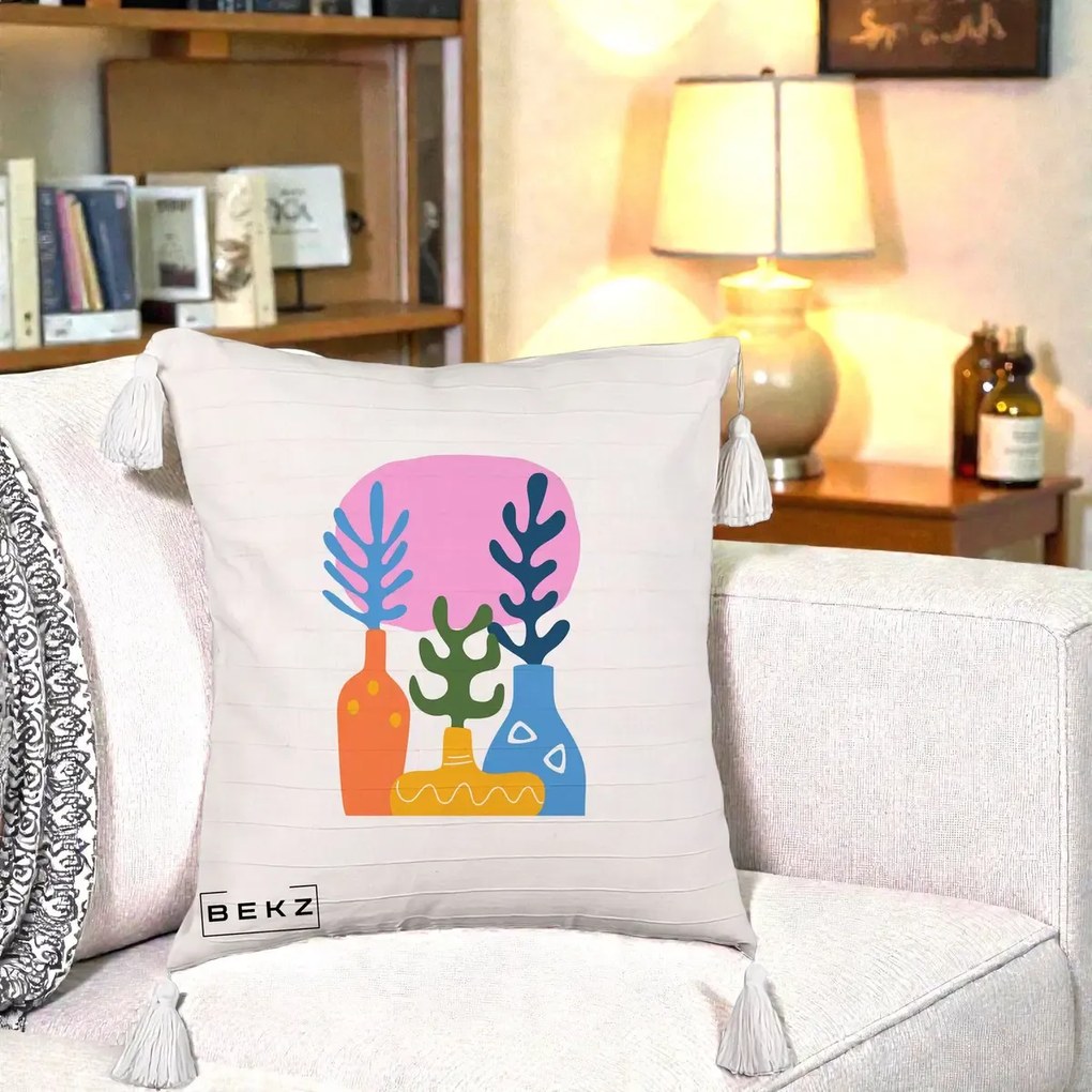 Perna Decorativa Vaze Botanice Abstract, 40x40 cm, Bej cu Franjuri, Husa Detasabila, Perna Inclusa, BEKZ®
