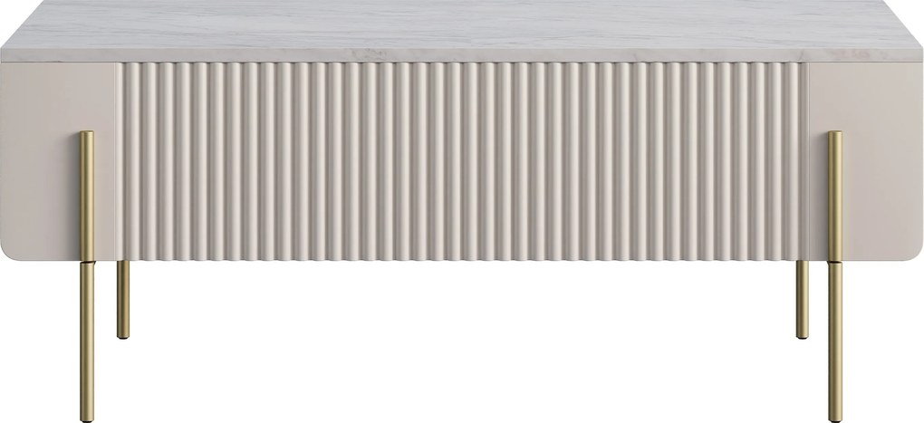 Măsuță de cafea Malmi 100 cm cu sertare - kaszmir / crema bianca / picioare aurii
